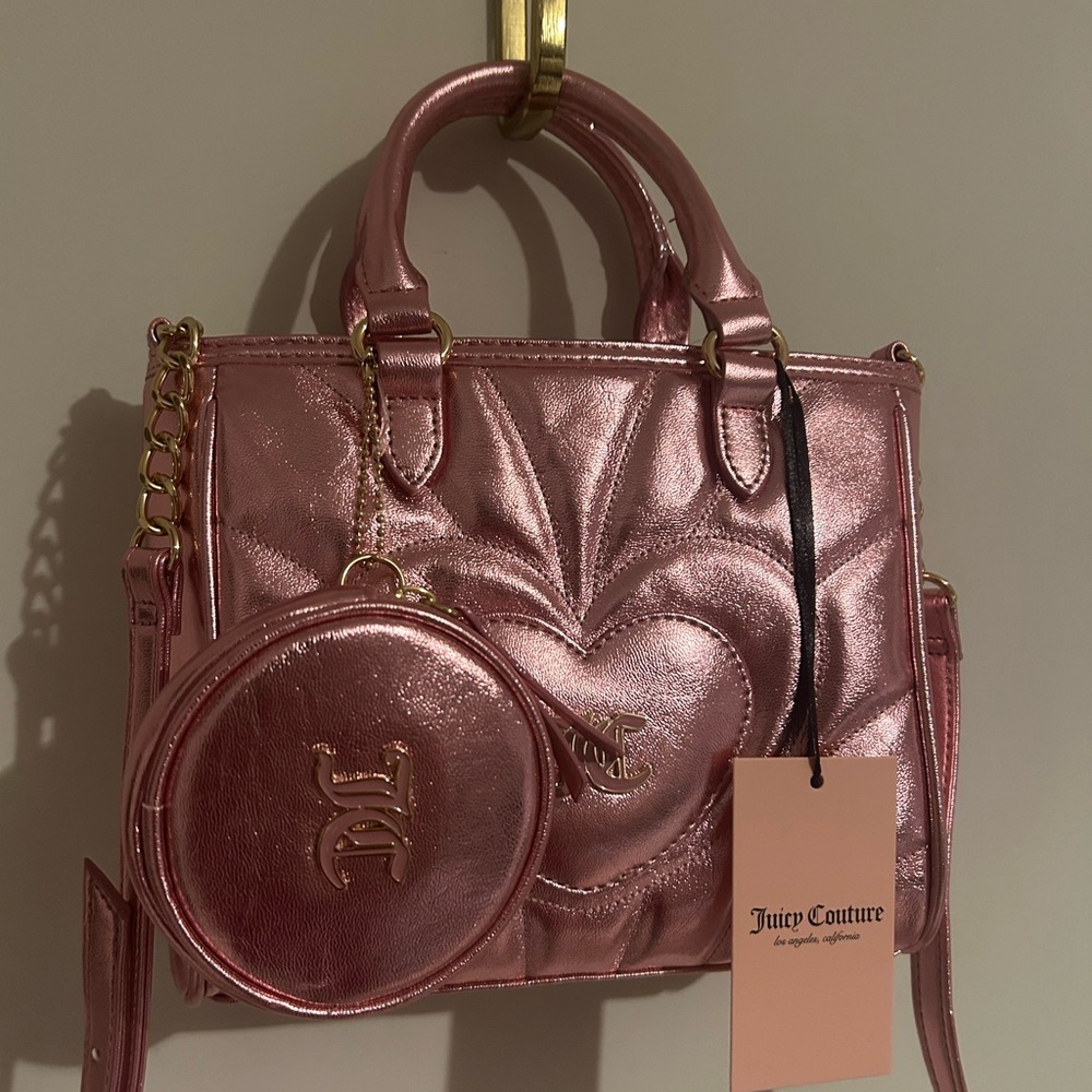 Juicy Viral Pink Metallic Heart Tote Crossbody Bag
